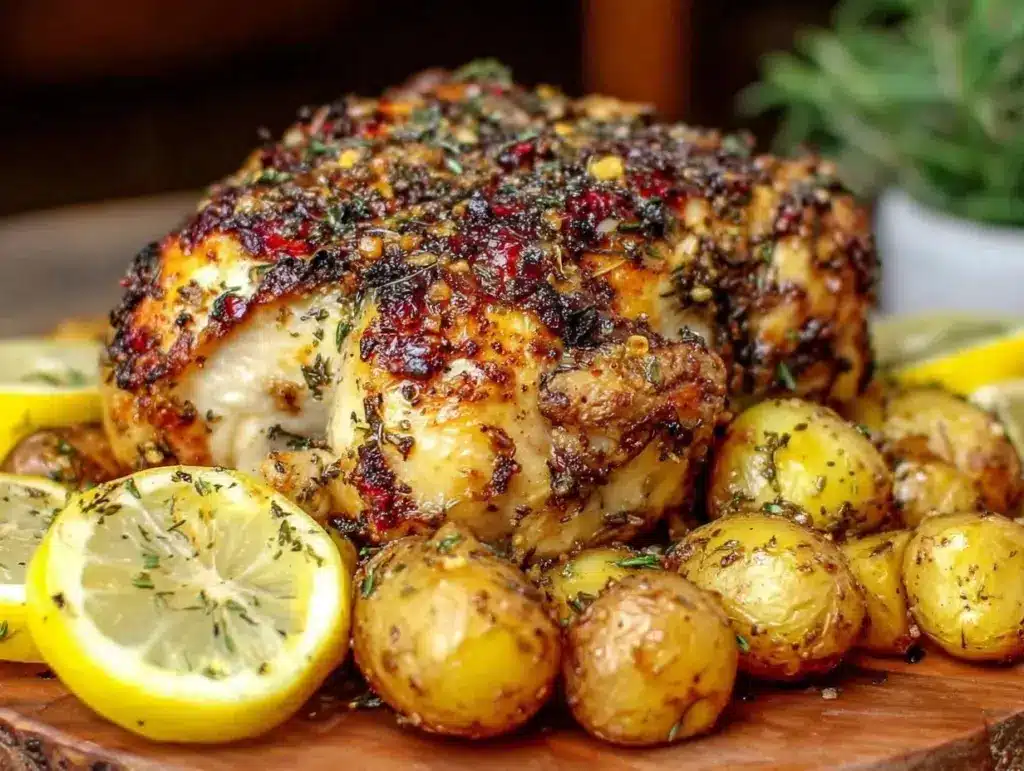 crispy lemon herb roasted chicken - featured image