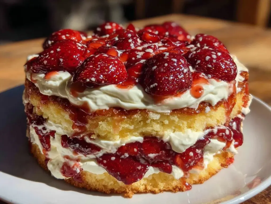 fluffy strawberry layer cake - featured image