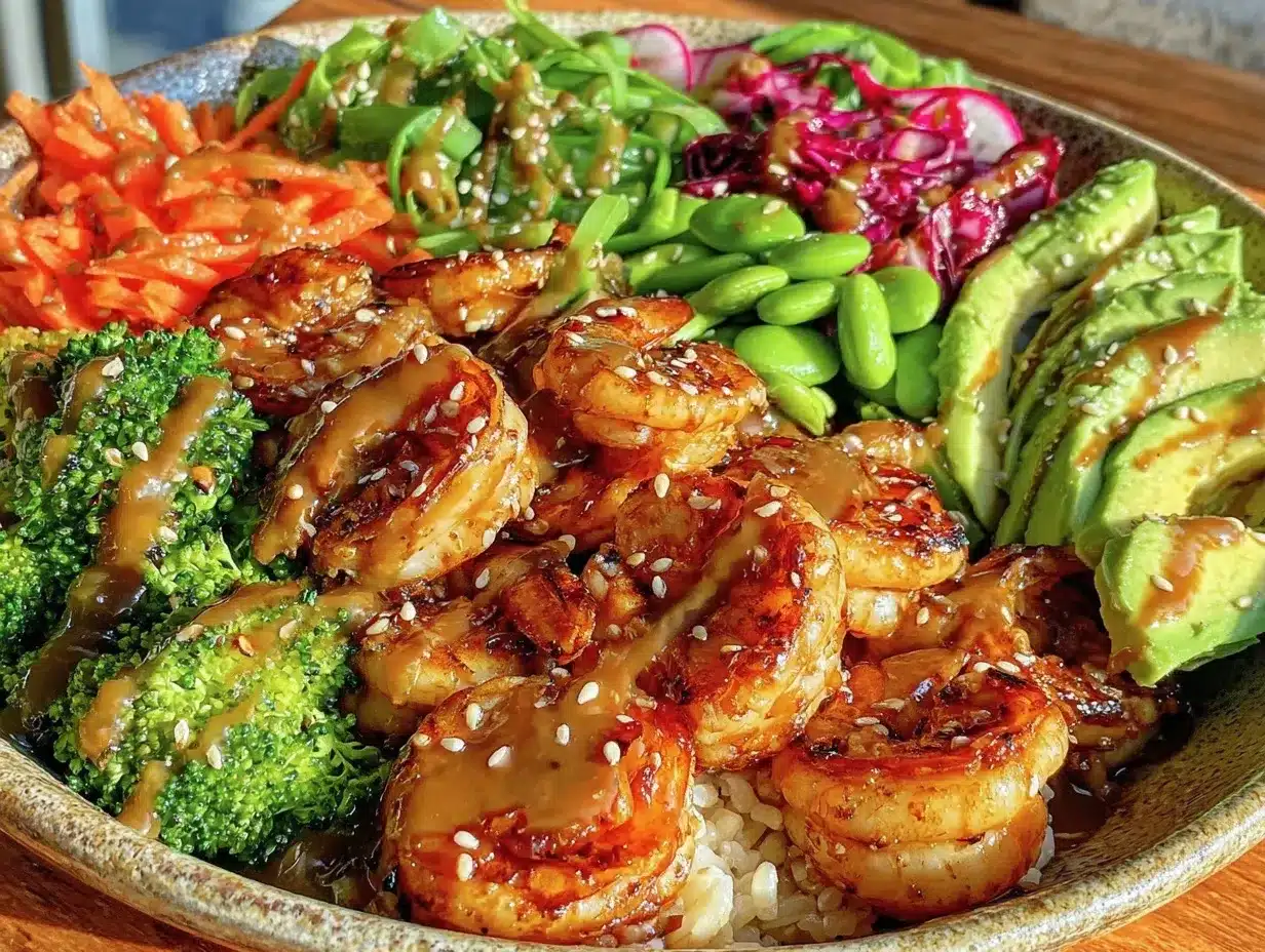 fresh asian-style shrimp buddha bowl preparation steps