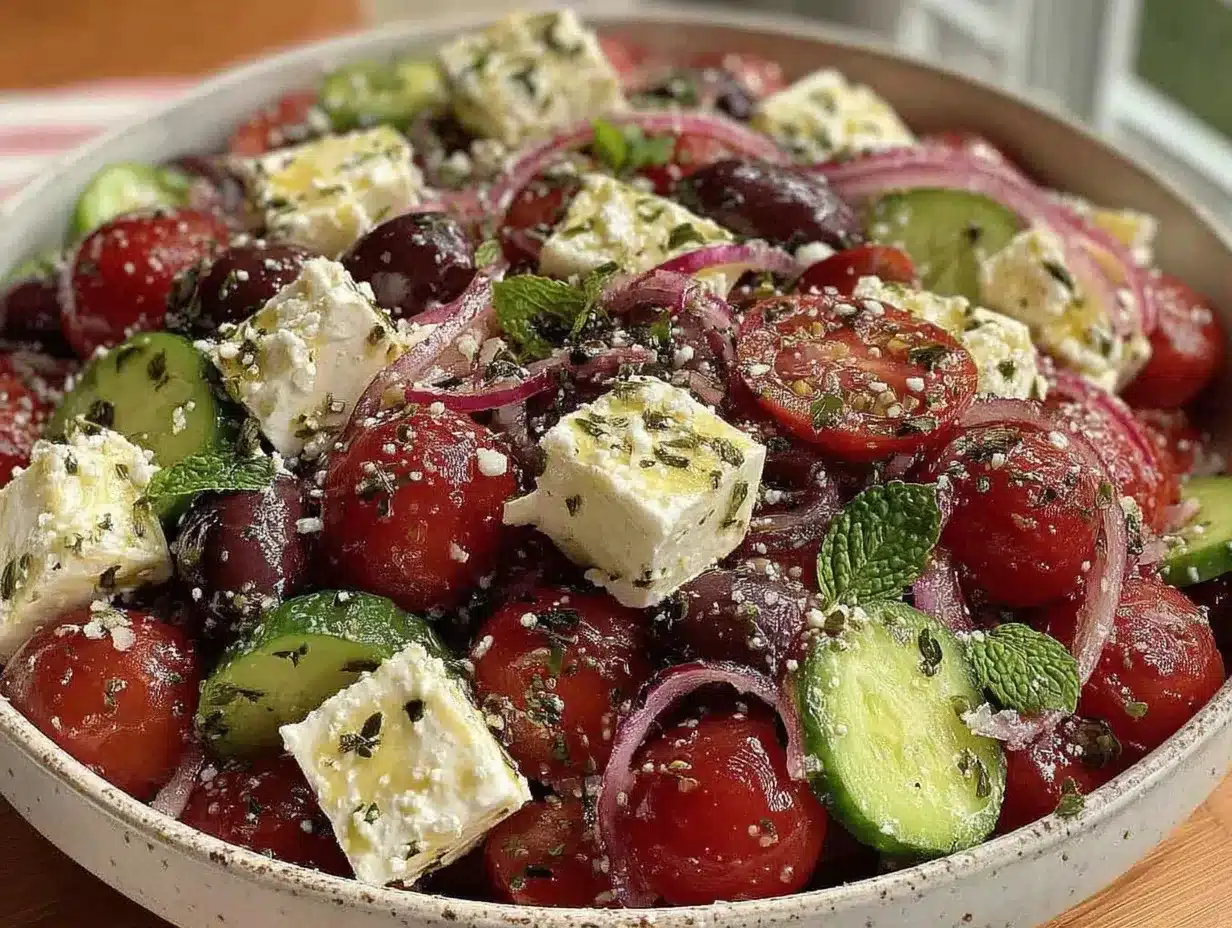 fresh greek salad bowl preparation steps
