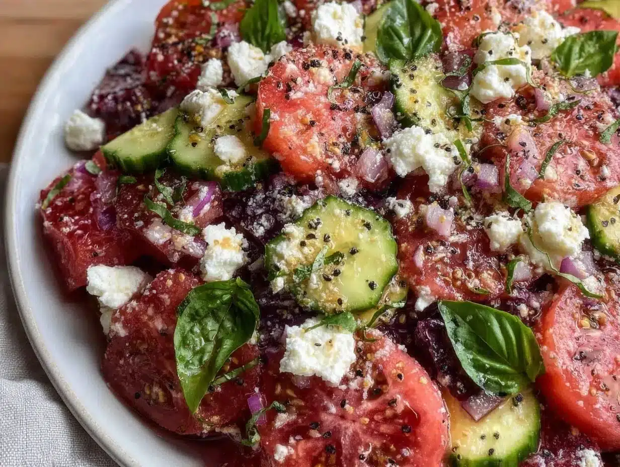 fresh tomato cucumber feta salad preparation steps