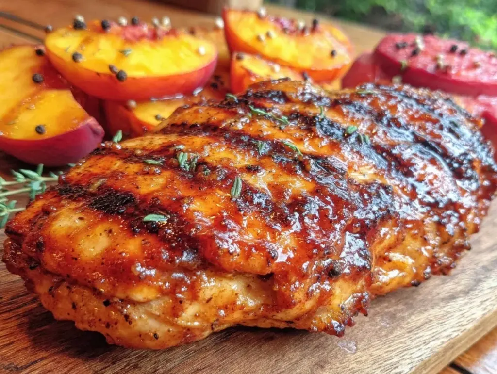 grilled peach bbq chicken - featured image