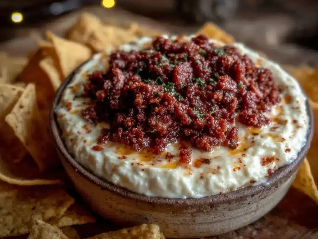 queso blanco dip with spicy chorizo - featured image