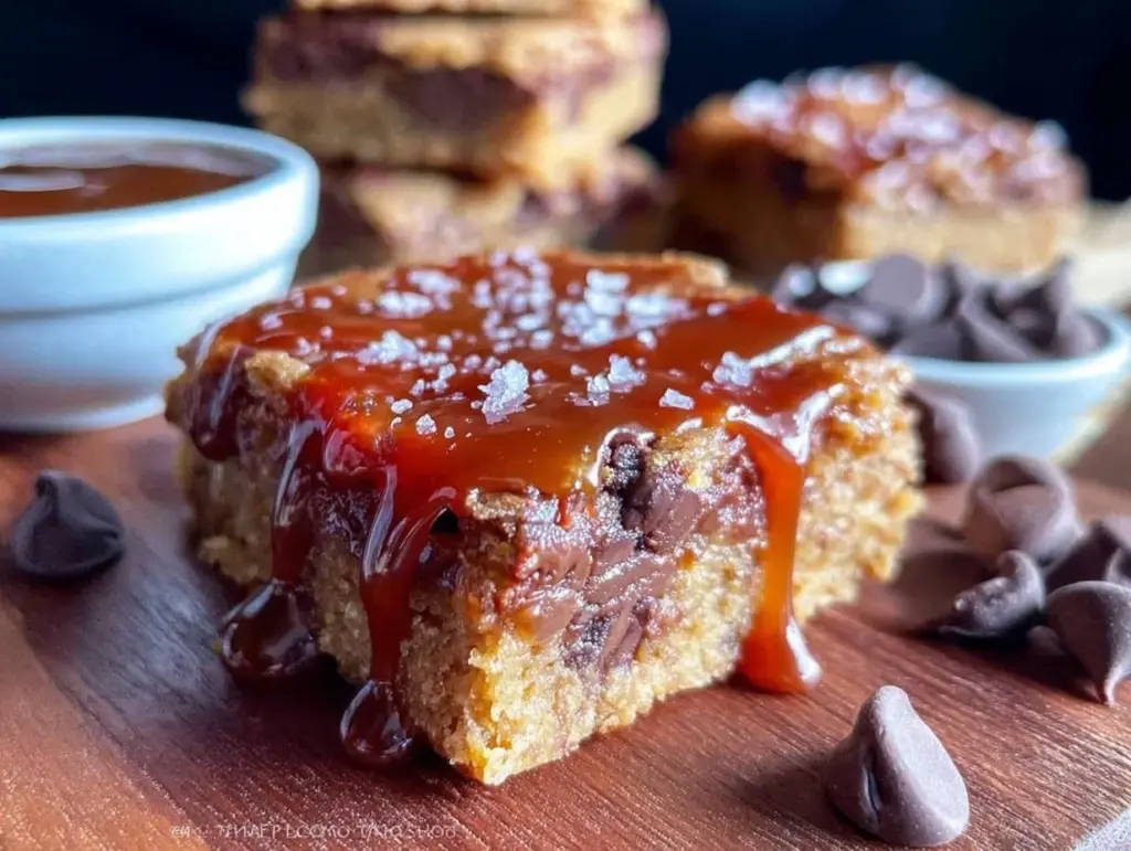 salted caramel chocolate chip cookie bars - featured image