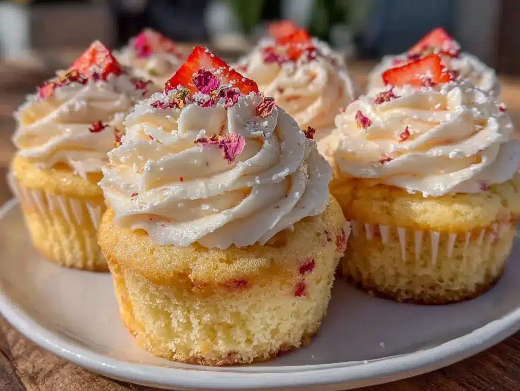 strawberry rose champagne cupcakes - featured image