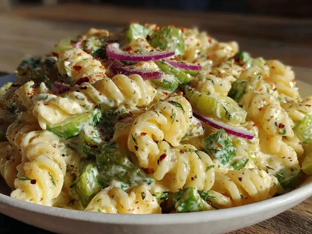tangy dill pickle pasta salad - featured image