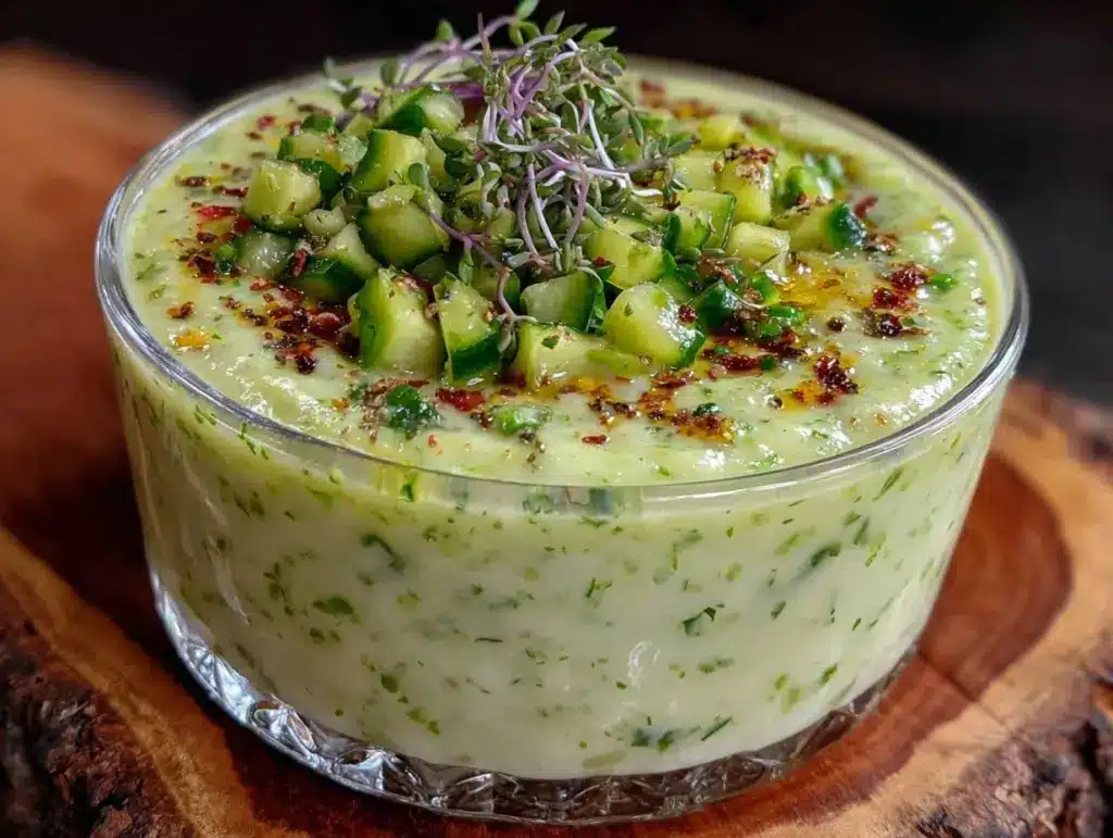 creamy chilled cucumber avocado gazpacho - featured image