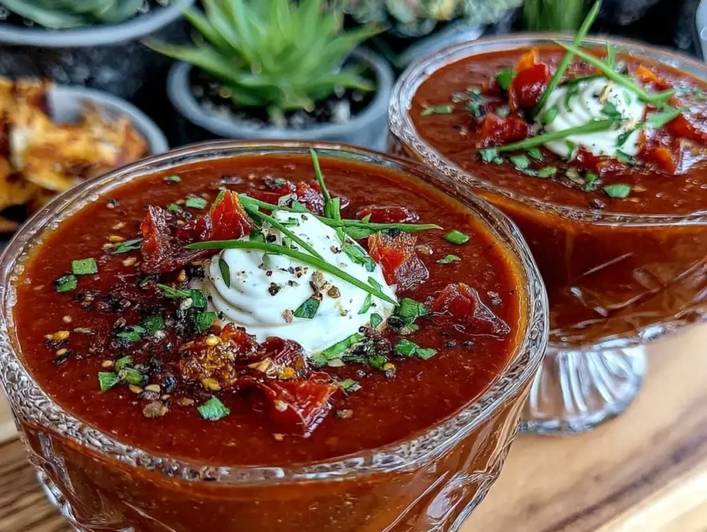 creamy chilled roasted tomato basil bisque - featured image