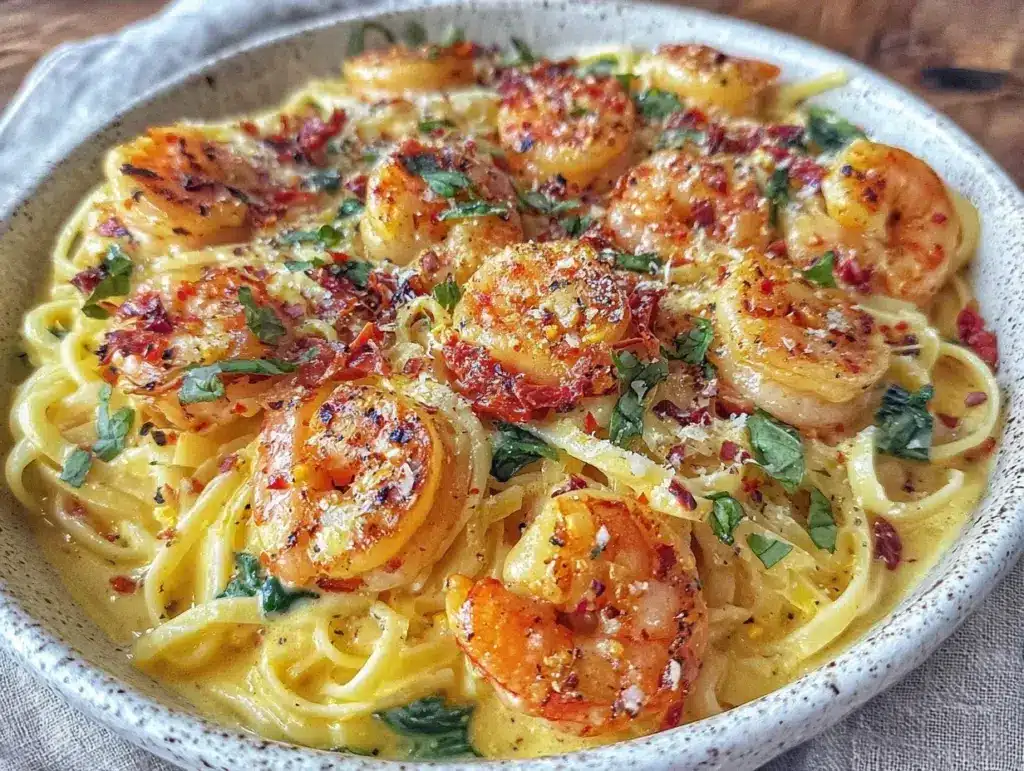creamy garlic tuscan shrimp pasta - featured image