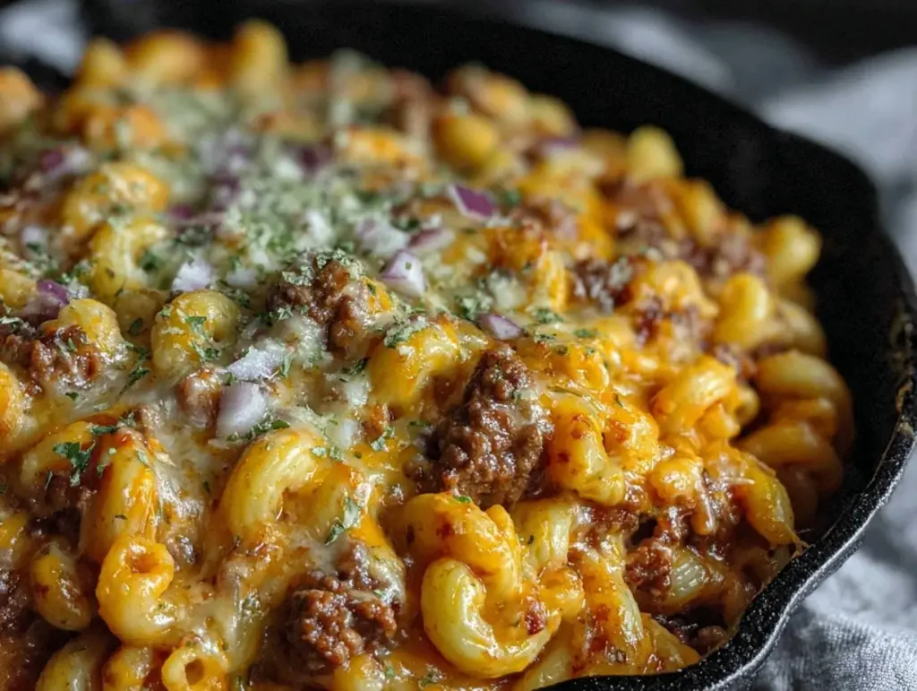 creamy one-pot cheeseburger macaroni skillet - featured image