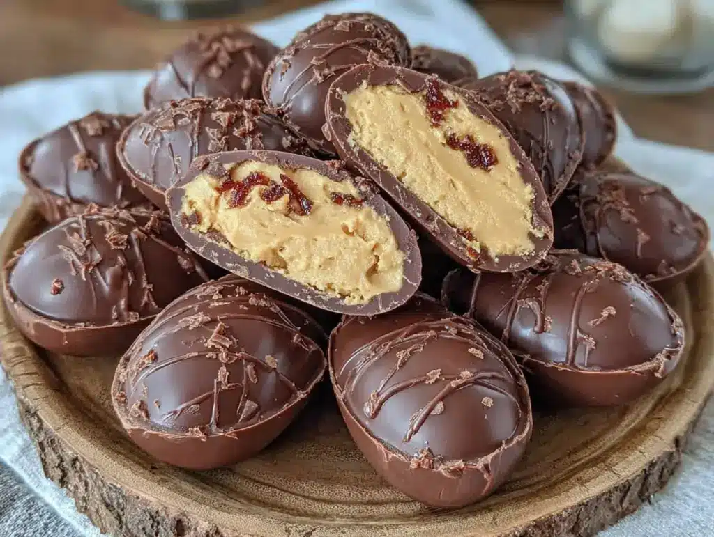 creamy peanut butter eggs dipped in dark chocolate - featured image