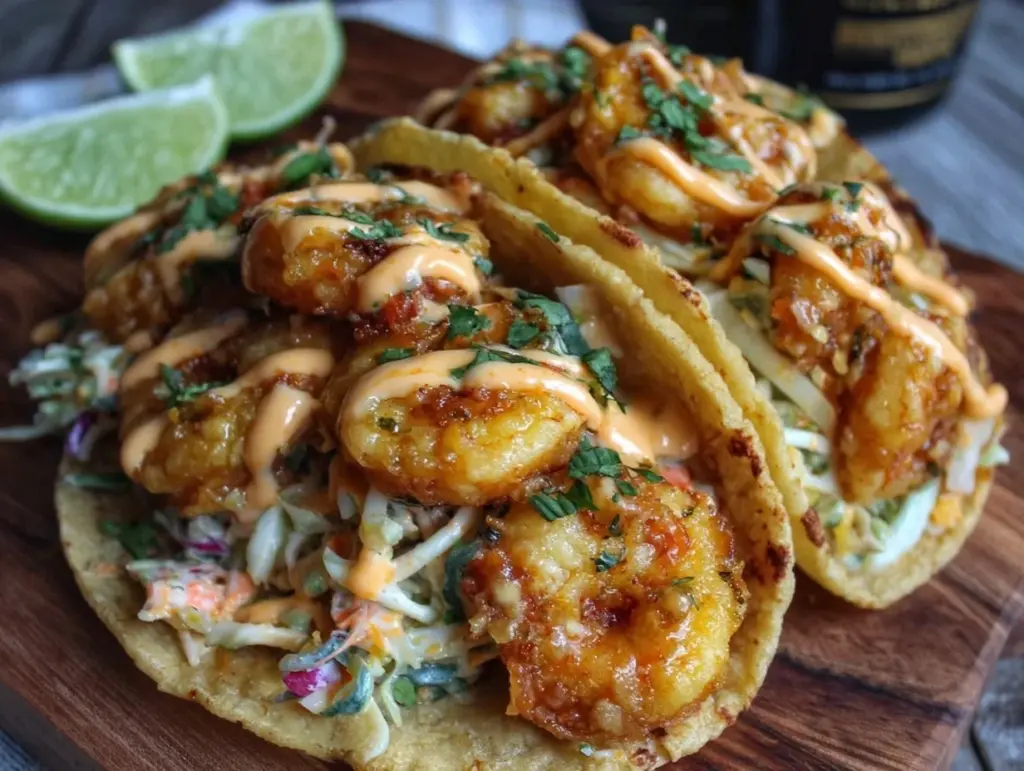 crispy bang bang shrimp tacos - featured image