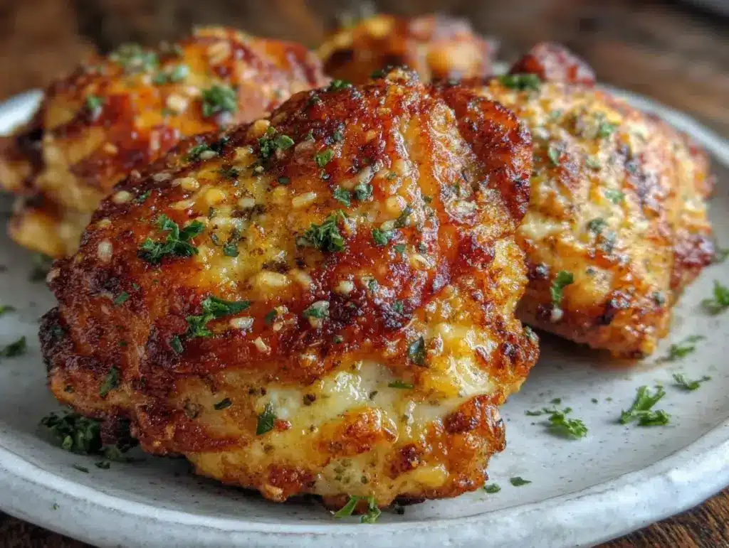 crispy garlic parmesan air fryer chicken thighs - featured image