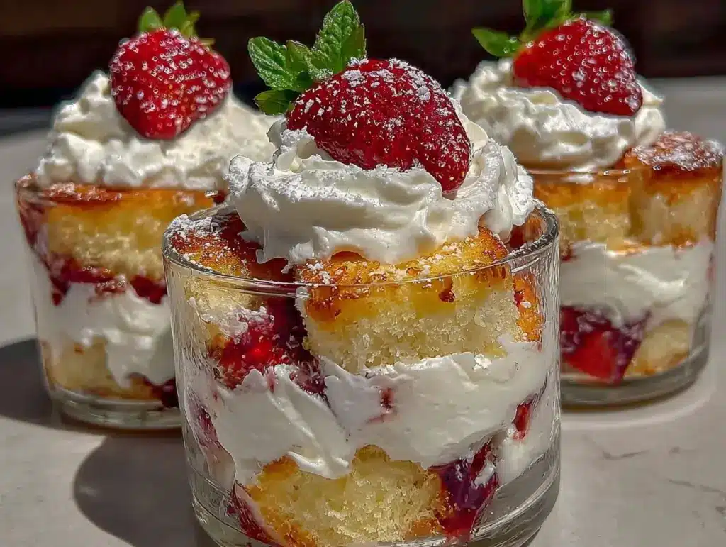 easy no bake strawberry shortcake trifle cups - featured image
