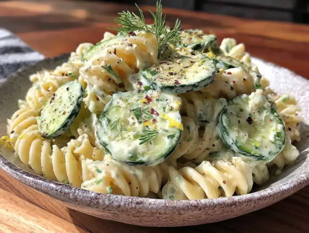 fresh creamy cucumber dill pasta salad - featured image