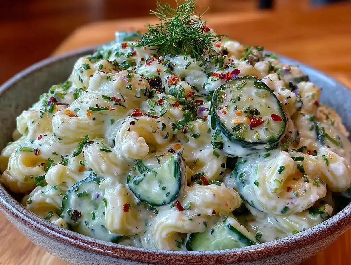 fresh creamy cucumber dill pasta salad preparation steps