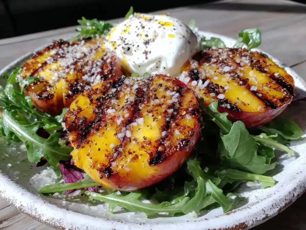 fresh grilled peach and burrata salad - featured image