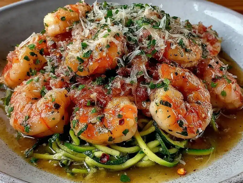 light summer shrimp scampi with zucchini noodles - featured image