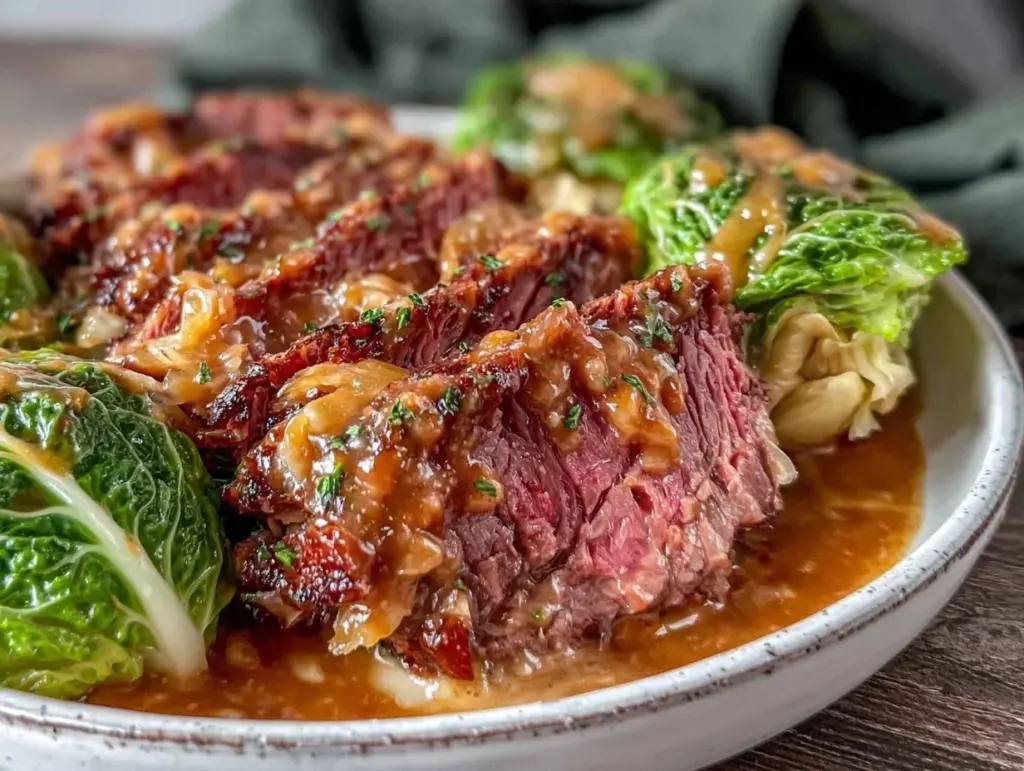 slow cooker corned beef and cabbage - featured image