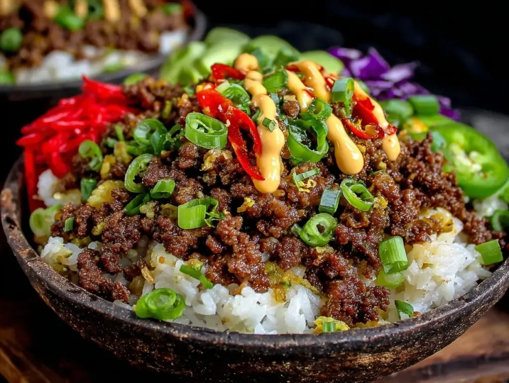 spicy korean ground beef bowls - featured image