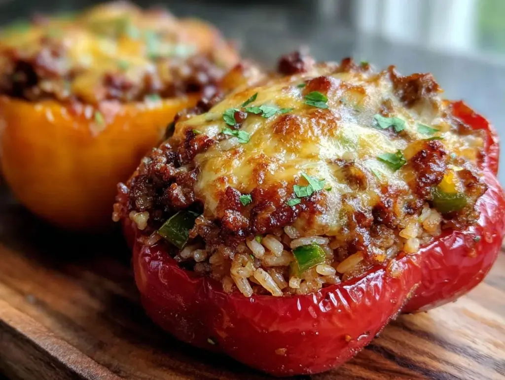 stuffed bell peppers with ground beef and rice - featured image