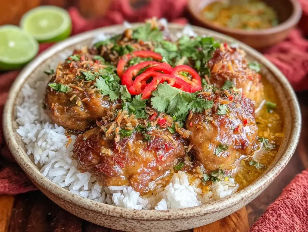 creamy coconut chicken rice bowl - featured image