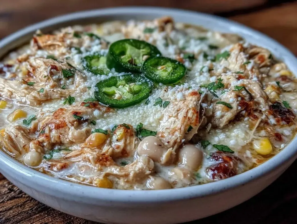 creamy crockpot white chicken chili - featured image