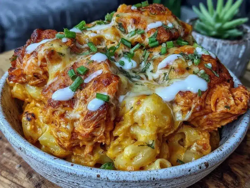 creamy high protein buffalo chicken mac and cheese - featured image
