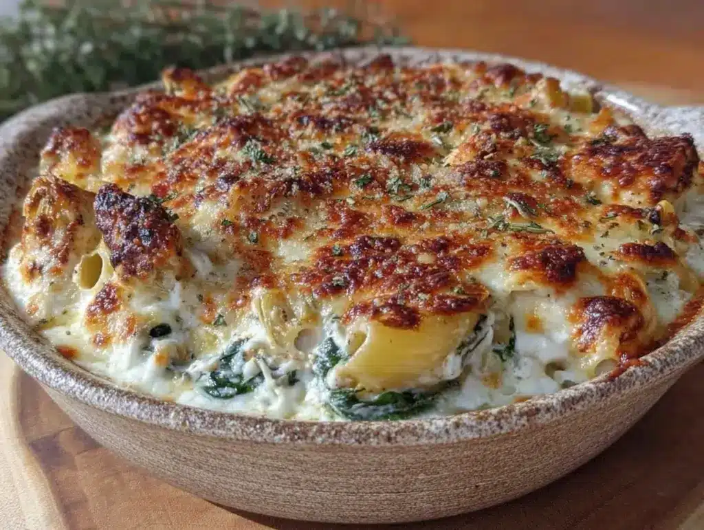 creamy high protein chicken spinach artichoke pasta bake - featured image
