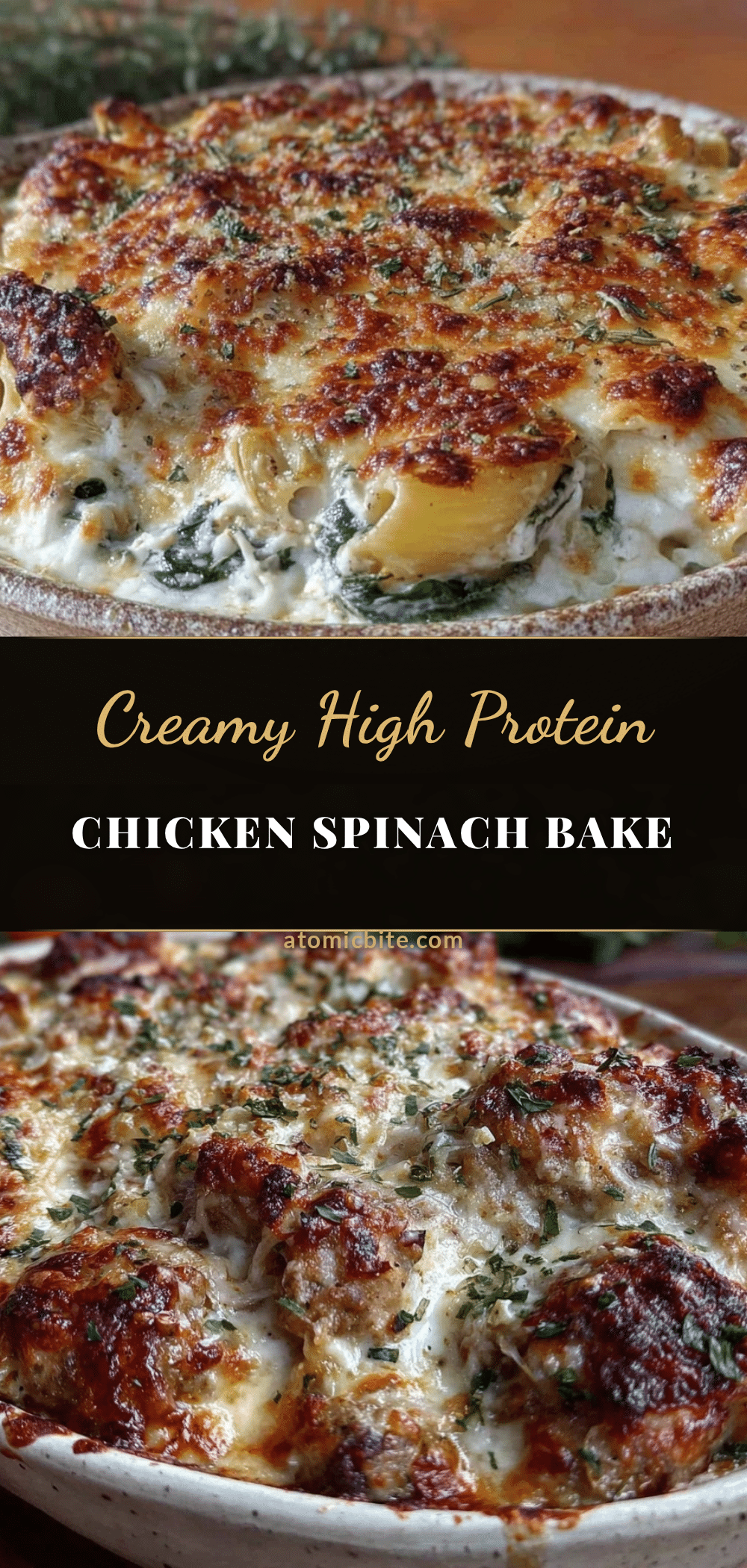 creamy high protein chicken spinach artichoke pasta bake recipe