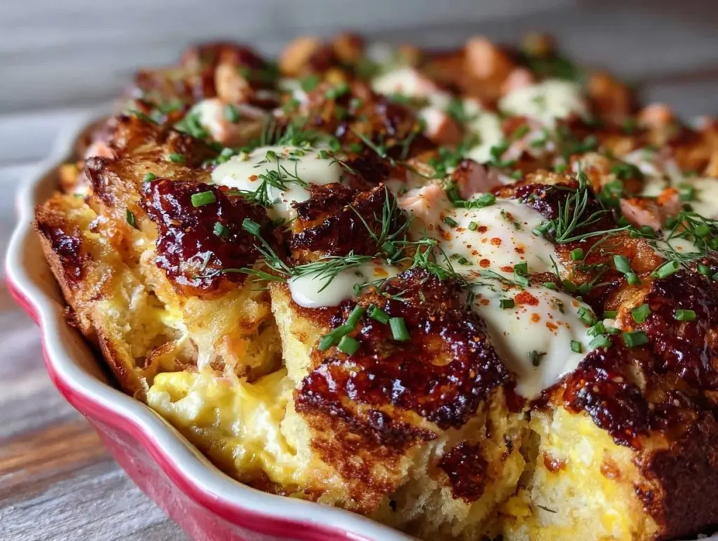 creamy smoked salmon eggs benedict casserole - featured image