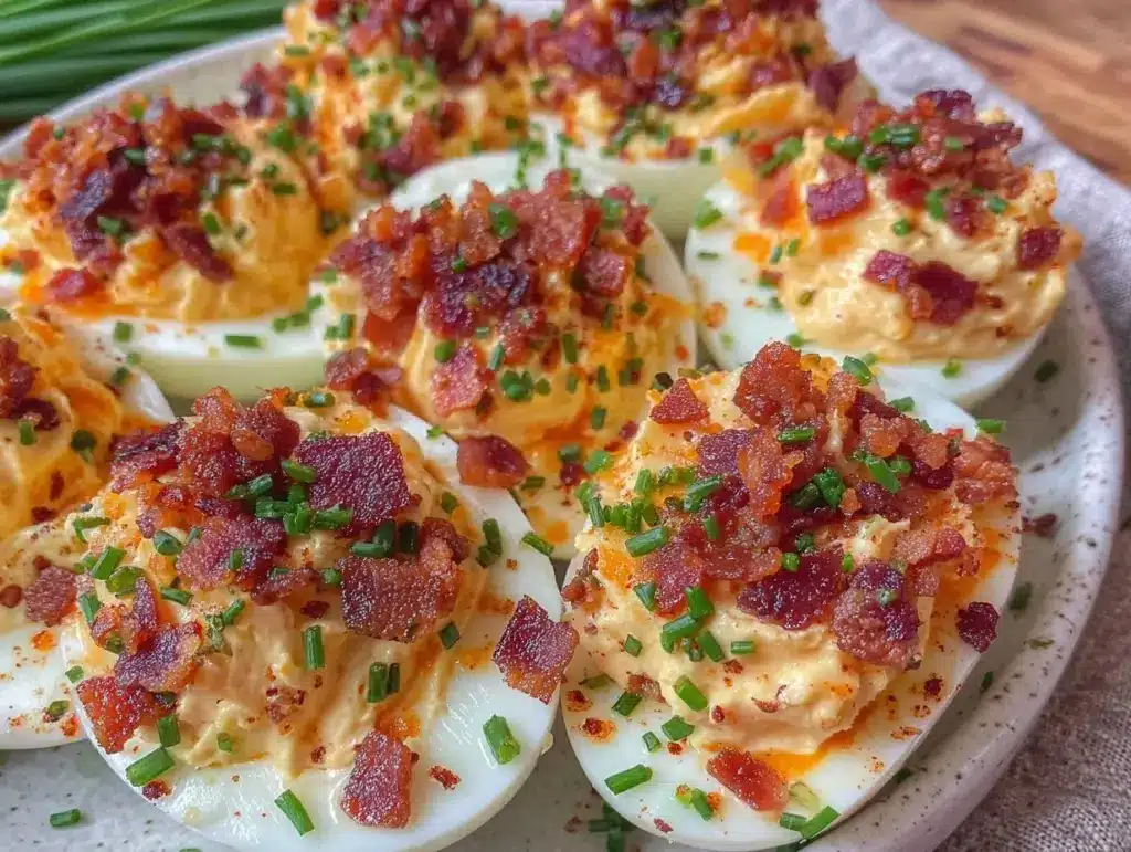 crispy bacon and chive deviled eggs - featured image