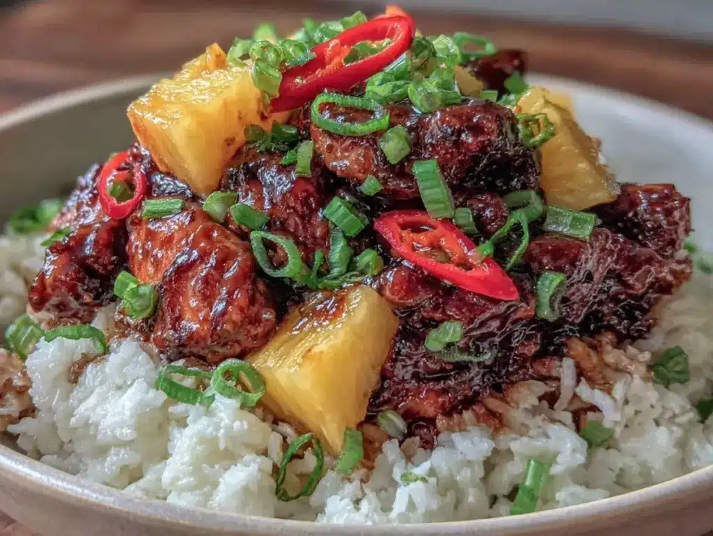 easy crockpot hawaiian teriyaki chicken bowls - featured image