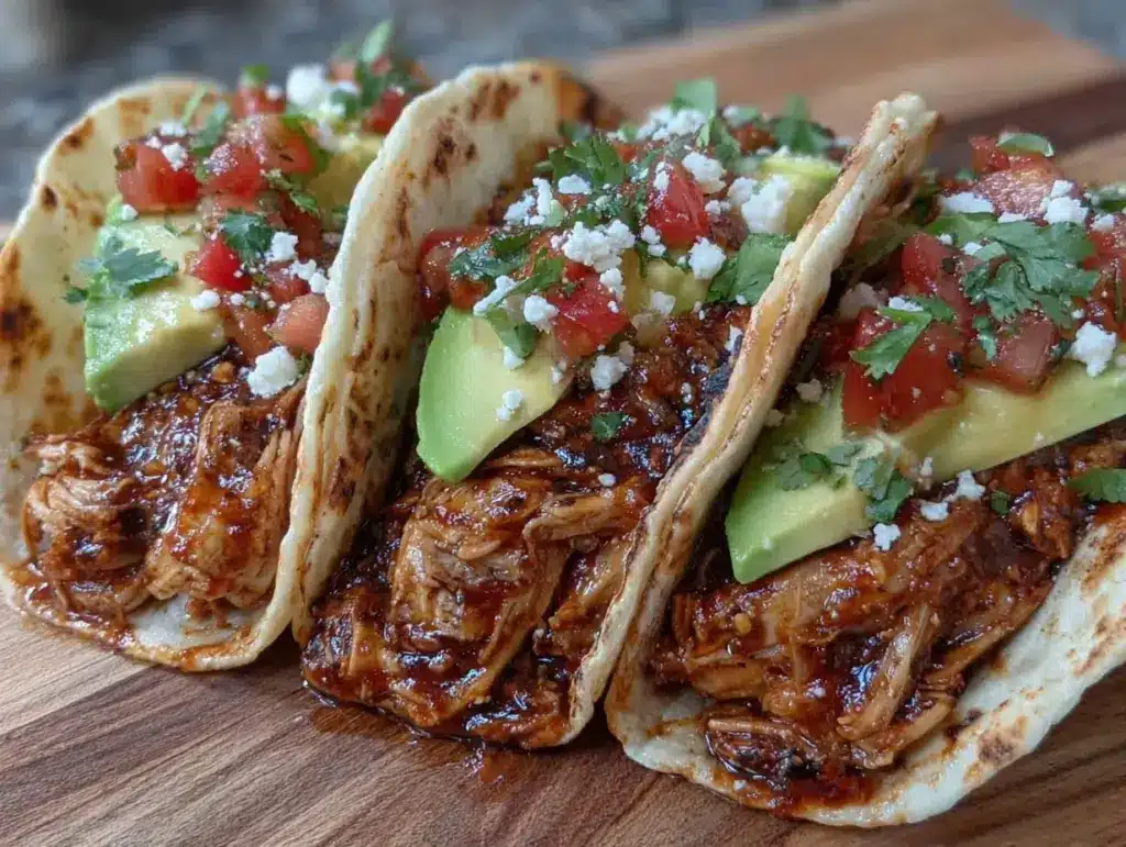 easy juicy crockpot chicken tacos - featured image