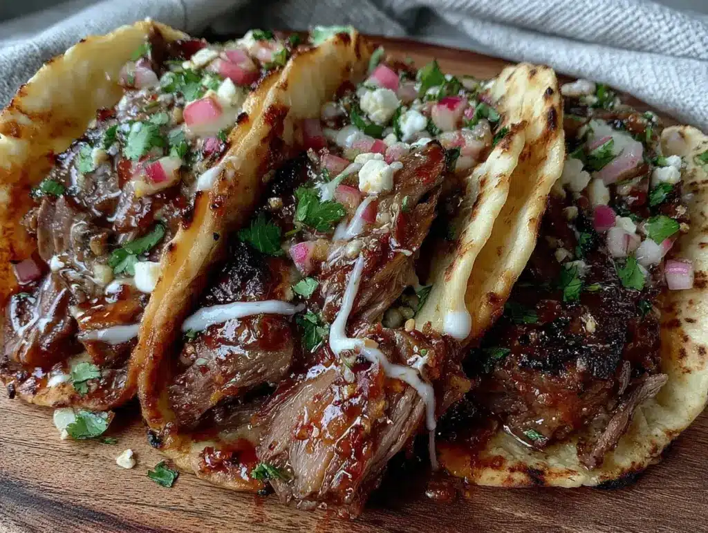 garlic butter honey bbq beef tacos - featured image
