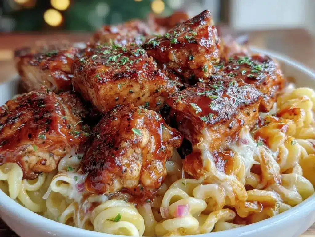 high protein honey bbq chicken mac and cheese - featured image