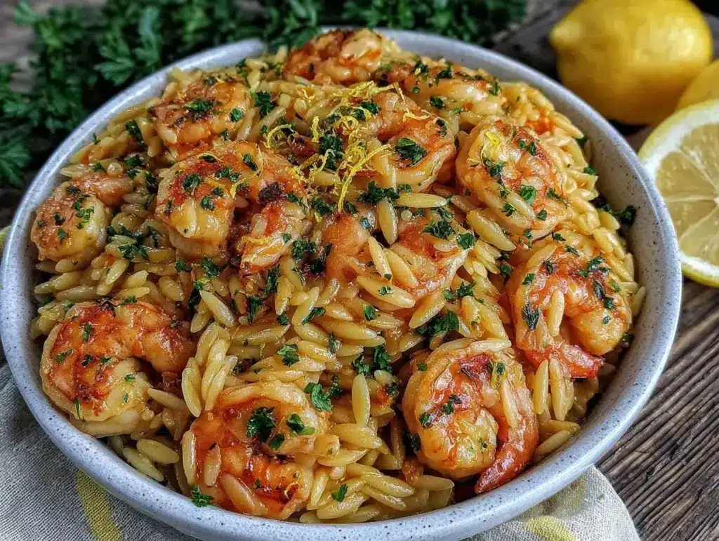 one-pot lemon garlic shrimp orzo - featured image