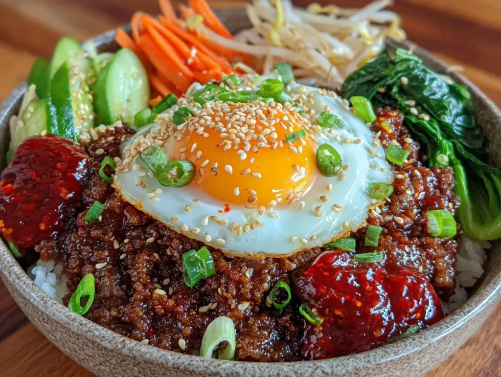 spicy korean ground beef bibimbap bowl - featured image