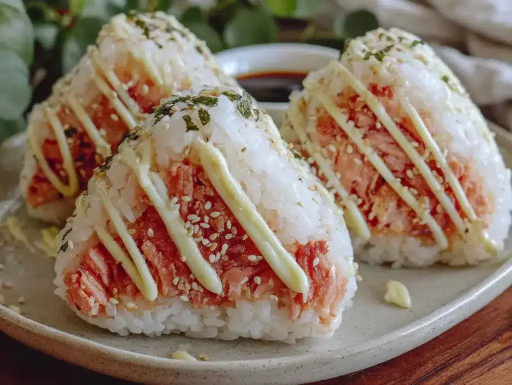 spicy salmon onigiri rice balls - featured image