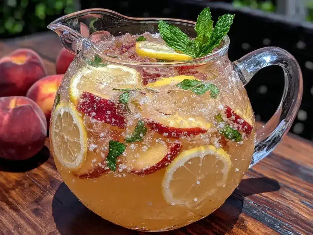 white wine peach sangria pitcher - featured image