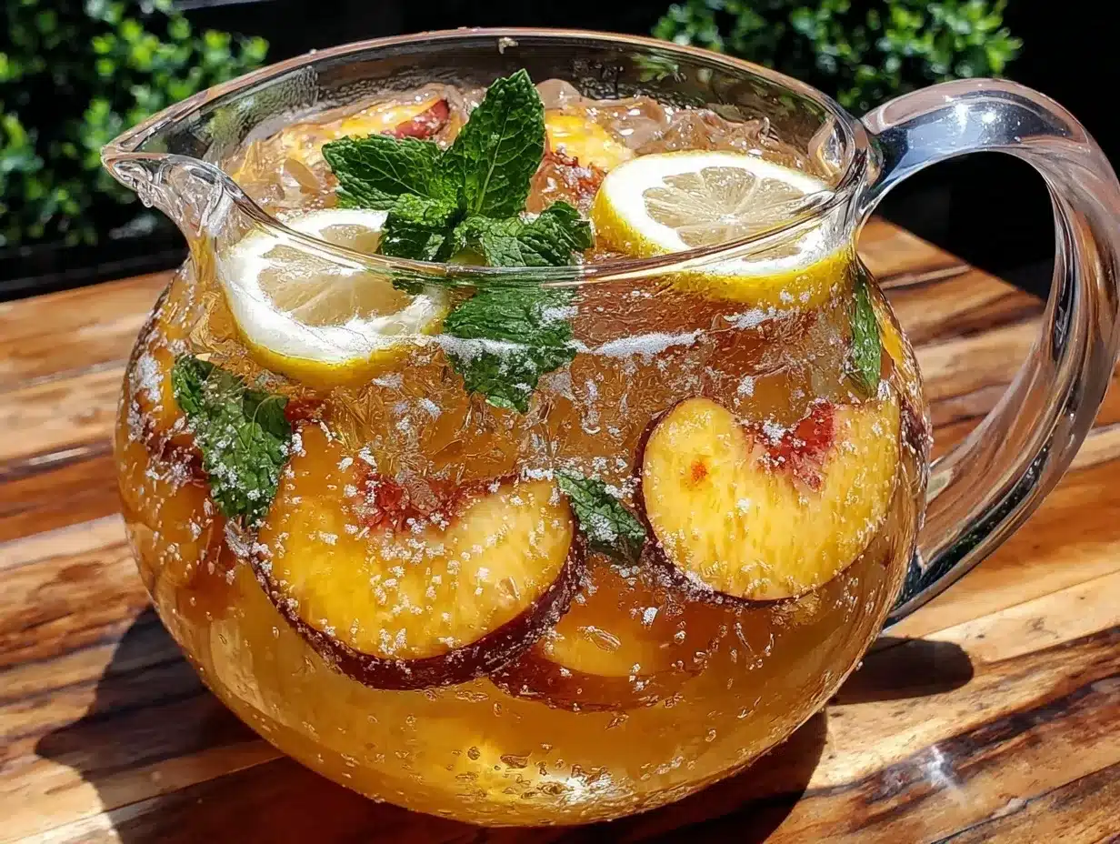 white wine peach sangria pitcher preparation steps