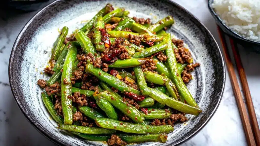 chinese green beans and ground beef stir-fry - featured image