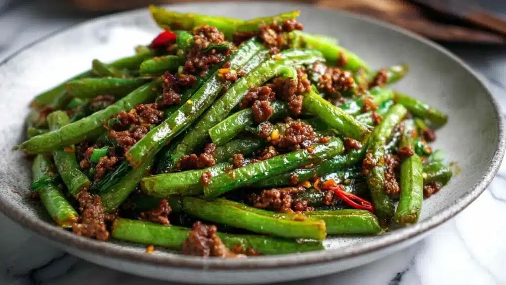 chinese green beans and ground beef stir-fry preparation steps