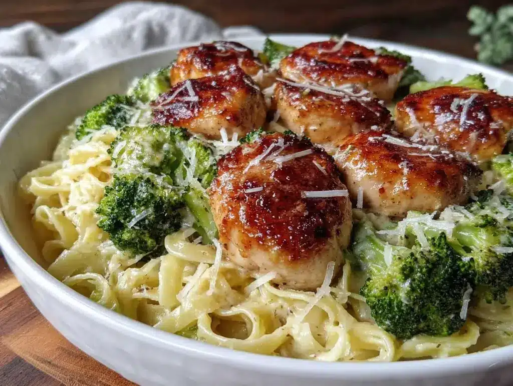 creamy garlic chicken broccoli pasta - featured image