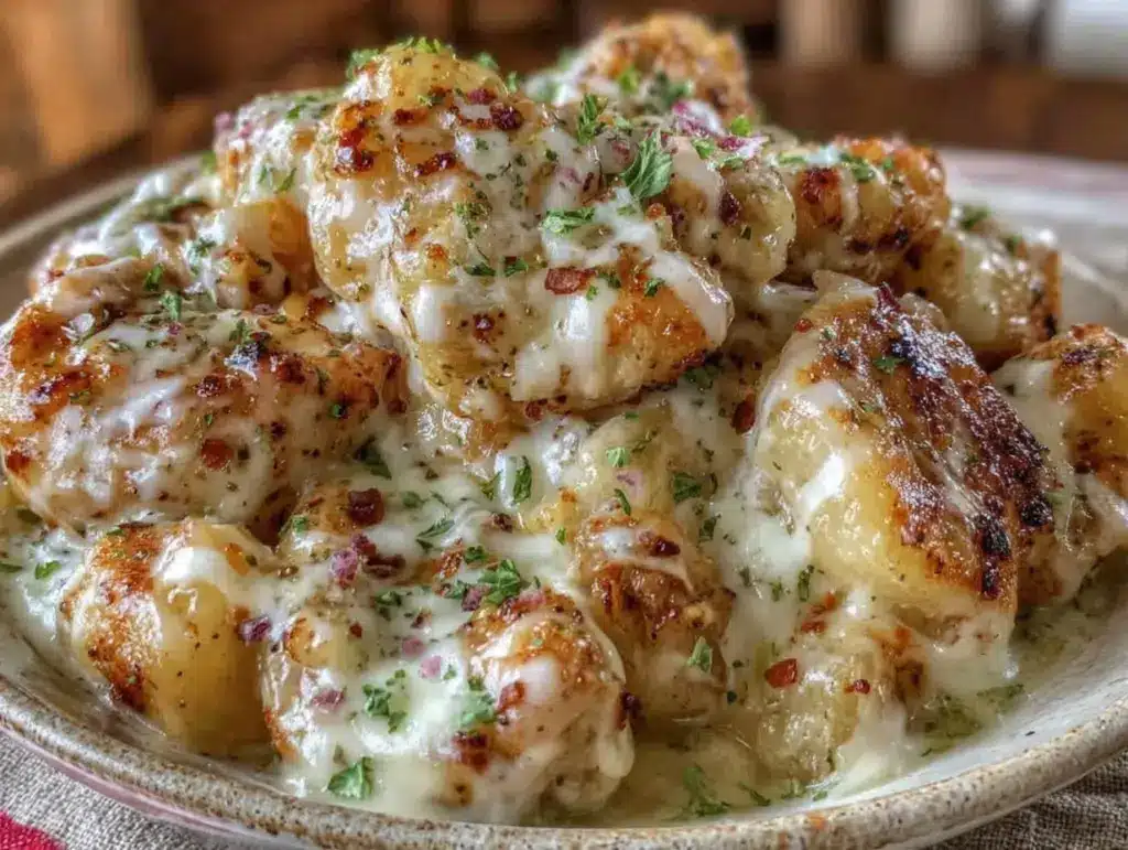 creamy high protein garlic cheesy chicken potatoes - featured image