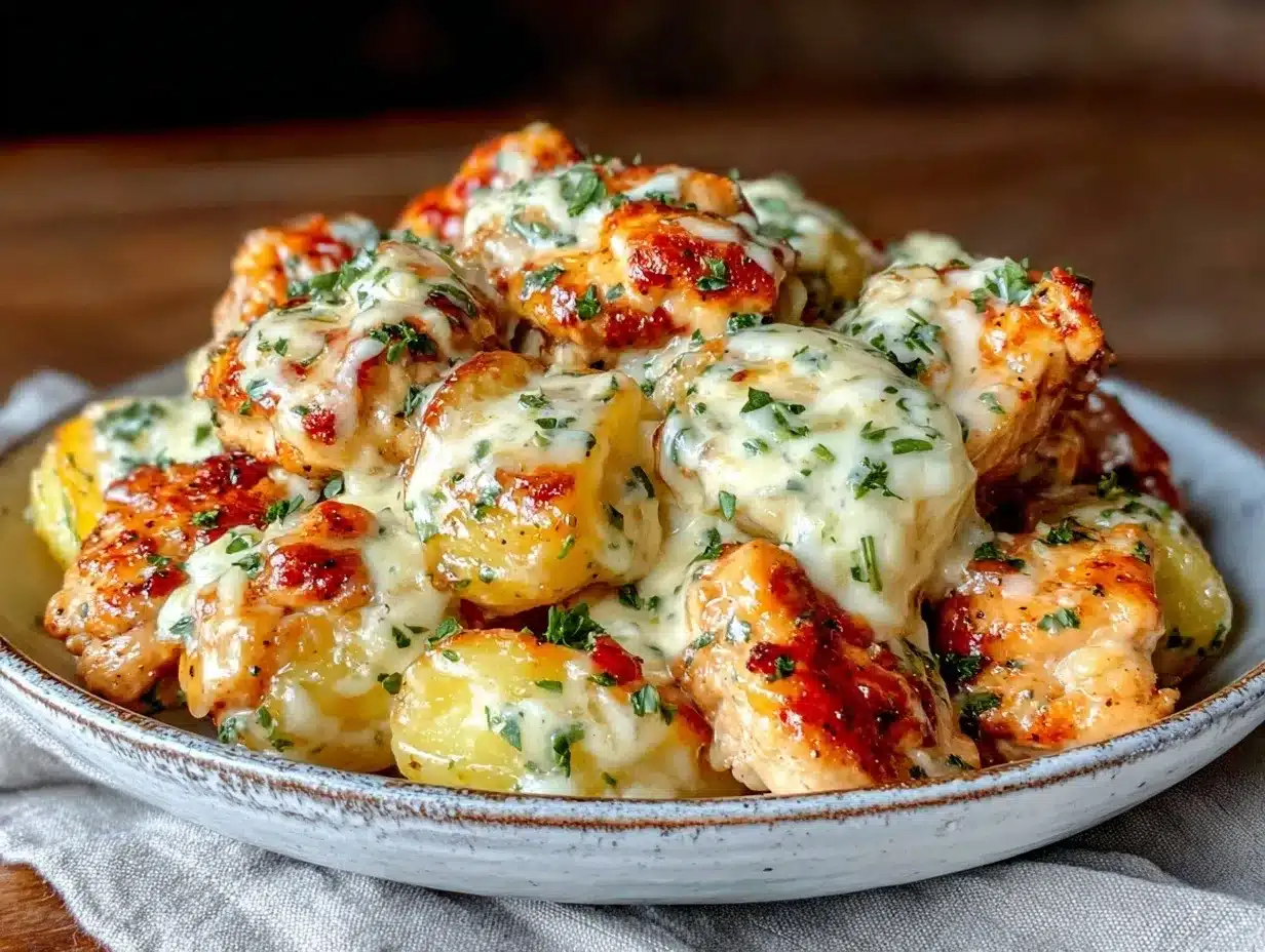 creamy high protein garlic cheesy chicken potatoes preparation steps