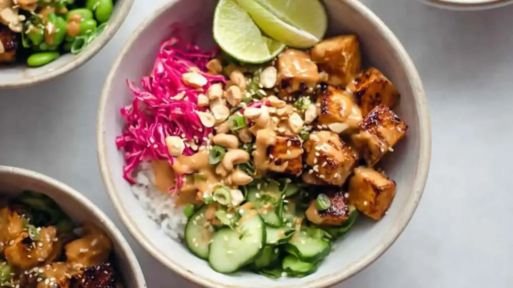 creamy peanut tofu bowls - featured image