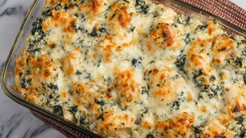 creamy spinach and artichoke chicken casserole - featured image