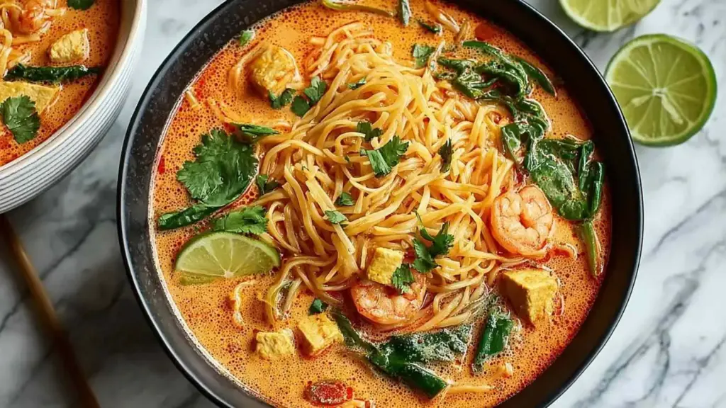 creamy thai red curry noodle soup - featured image