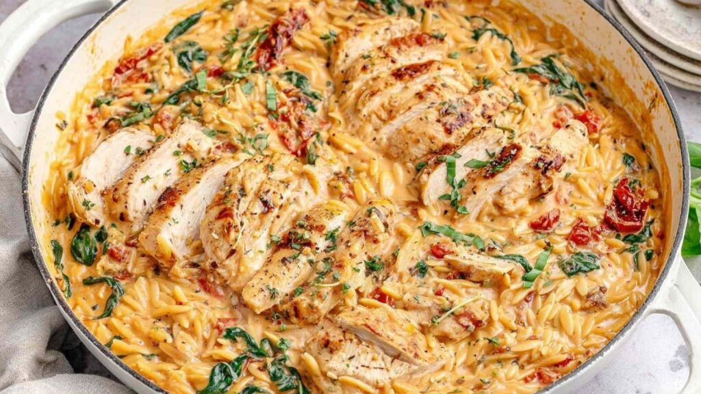creamy tuscan chicken orzo - featured image